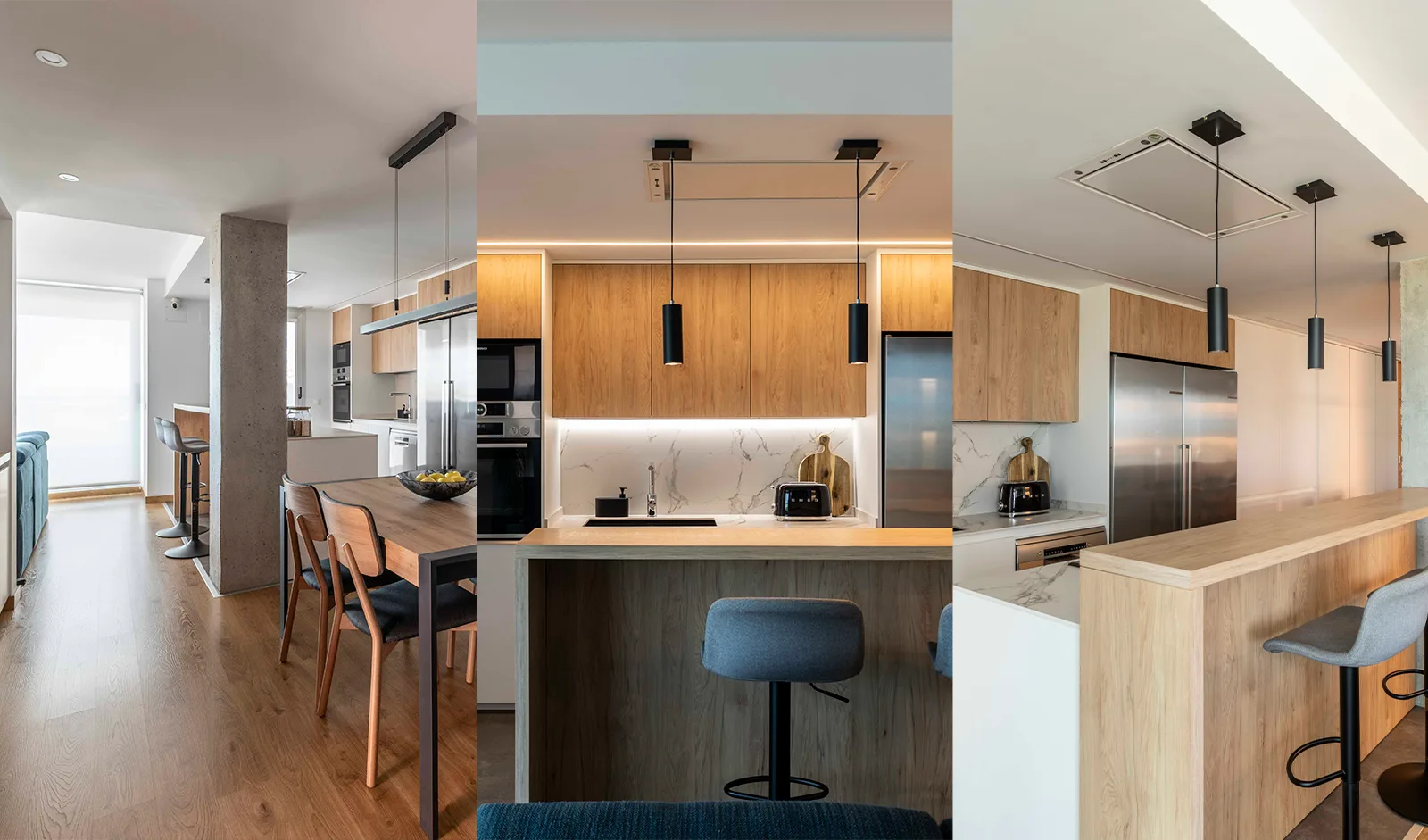 Tres vistas de la cocina abierta de Vivienda Garza, con isla, comedor, filtro visual y campana de techo.