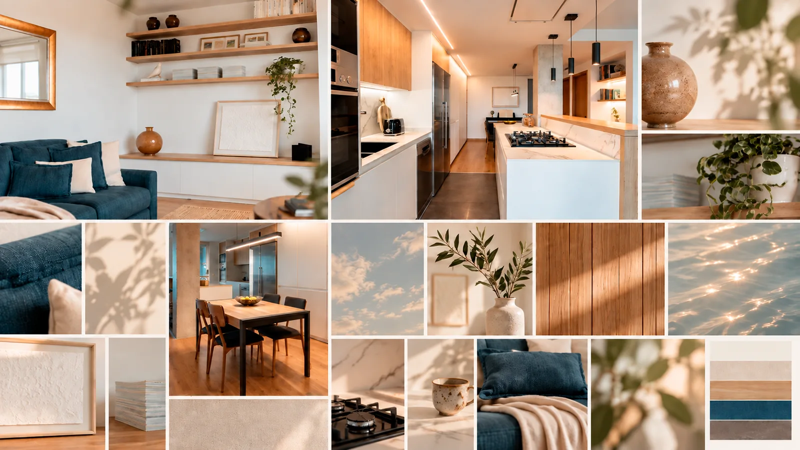 Collage de Vivienda Garza que resume atmósfera, materialidad, iluminación y detalles