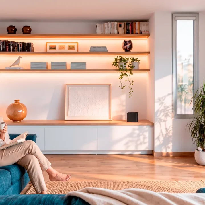 Redistribuir una vivienda: salón de Vivienda Garza con mobiliario integrado y relación con la terraza.