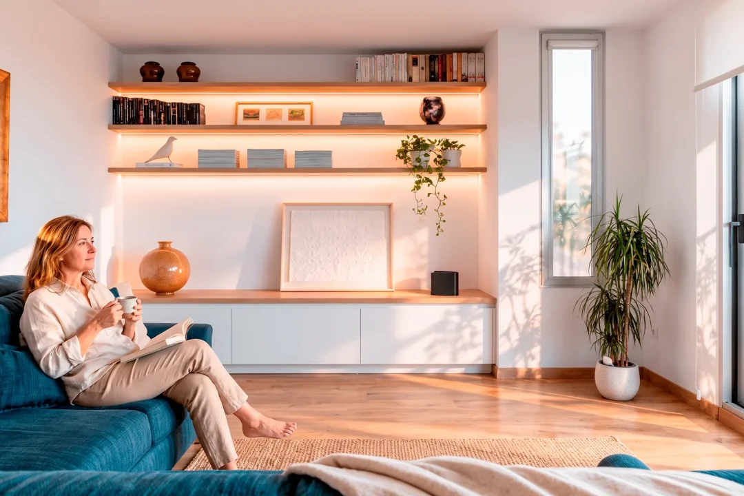 Redistribuir una vivienda: salón de Vivienda Garza con mobiliario integrado y relación con la terraza.